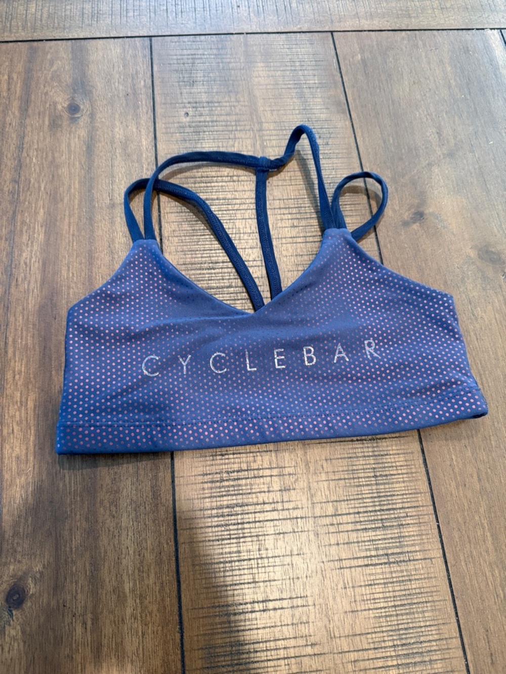 Cyclebar Navy Sports Bra with Red Dot Print (Beyond Yoga)